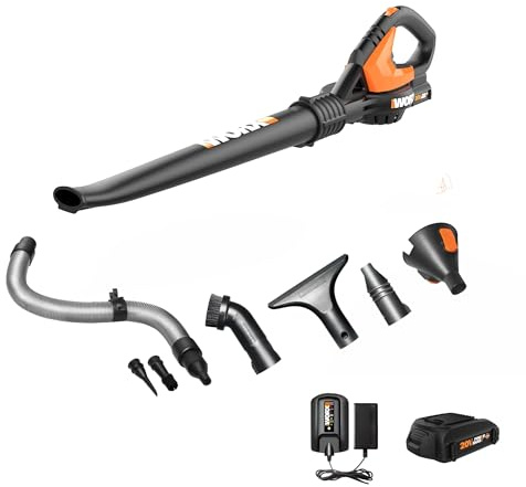 WORX Cordless Leaf Blower, Electric Blowers for Lawn Care with 120 MPH & 3.5 LBS, Long Nozzle Design for Narrow Spaces with Cleaning Attachments, Battery & Charger Included, WG545.1