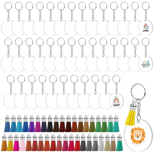 Kurtzy Blanko Acryl Schlüsselanhänger Rund mit Fransen & Zange (40Stk) - Schlüsselringe Plexi Platten 5cm –Acrylplatten Schlüssel Anhänger Transparent mit Quasten zum Basteln, Vinyl Projekt, DIY