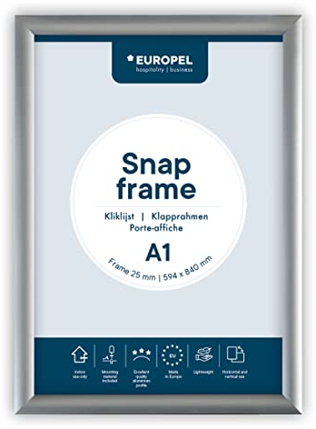 EUROPEL Cadre clipsable A1, 25 mm, aluminium anodisé couleur argent, fixation murale, affichage poster, publicité