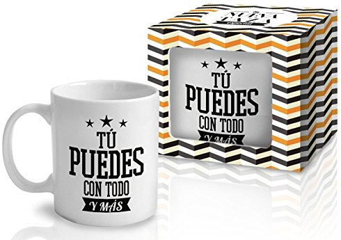 Taza Cerámica para Desayuno en Color Blanco de 300 ml, Un Regalo Original con Frases Motivadoras - Tú puedes con todo y más