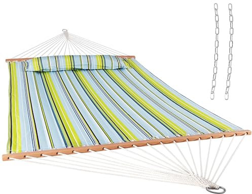 Sunnydaze Quilted Double Hammock for Outside with Pillow, Blue and Green