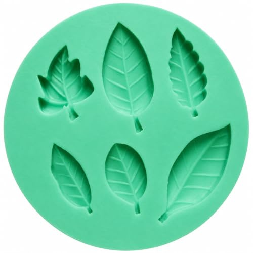 AKORD Silicone Leaf Fondant Mould - 6-Cavity Botanical Cake Decorating Mat for Sugarcraft, Chocolate, Sugar Paste and Icing, Reusable Baking Template, Green, 9.5 cm