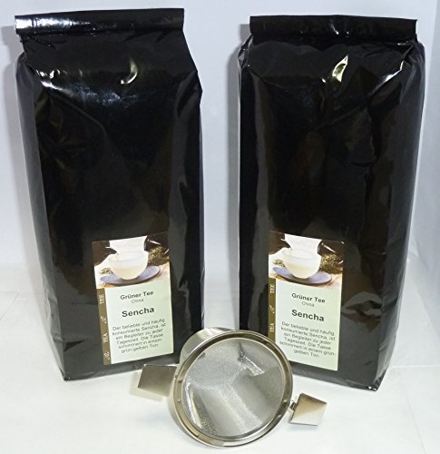 Sencha Grüner Tee 1kg Premium Qualität Vorratspack mit Edelstahl Teefilter