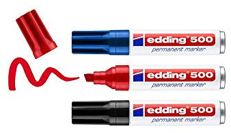 edding 500 Marqueur permanent - multicolore - 3 stylos - pointe biseautée 2-7 mm - sèche vite, résiste à l'eau et aux frottements - pour carton, plastique, bois, métal, verre