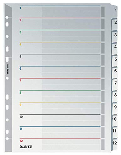 Leitz Register für A4, Laminiertes Deckblatt und 12 Trennblätter mit Zahlenaufdruck 1-12, Lochrand und Taben folienverstärkt, Überbreite, Grau, Karton, 43320000