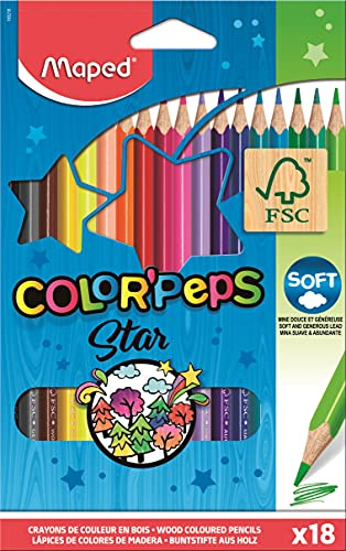 Maped - ergonomische Drei-Kant-Buntstifte, Farbstifte COLOR'PEPS STAR aus FSC-zertifiziertem Holz - 18x Stifte