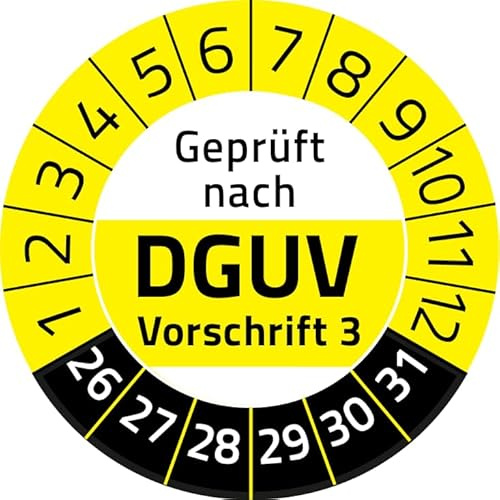 Geprüft nach DGUV Vorschrift 3 Prüfplakette, 500 Stück, in verschiedenen Farben und Größen, Prüfetikett Prüfsiegel Plakette DGUV V3 (30 mm Ø, Gelb)
