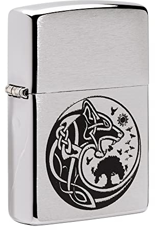Zippo Sturmfeuerzeug - Viking, Fenrir Design - Brushed Chrome Finish, Silber - Colour Image - Wiederverwendbar - Windfest - Geschenkbox - Made in USA