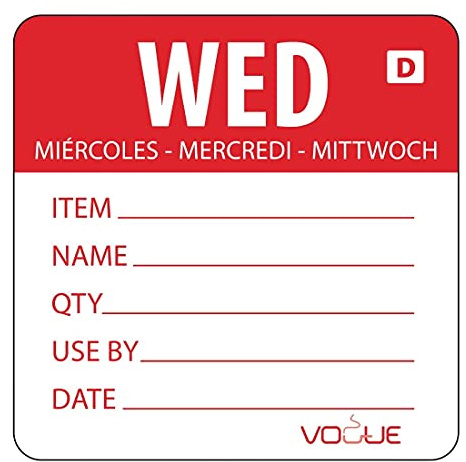 Vogue Red Dissolvable Wednesday Labels Wednesday. Roll of 250 | Dissolves completely in water in 30 seconds to speed up kitchen wash-ups; includes handy pre-printed fields.