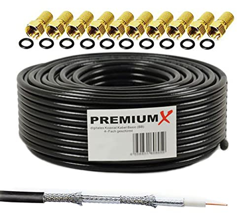 Premium X 50m de cable coaxial BASIC negro 135dB 4 veces apantallado CCS Cable coaxial de antena de TV por satélite 10x enchufe F