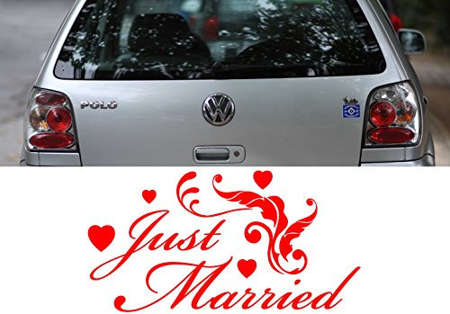 (28x16cm) kupfer-metallic (gespiegelt) - Z455 'Just Married' - Autoaufkleber Spruch lustig Heckscheibe Motorhaube Autofolie