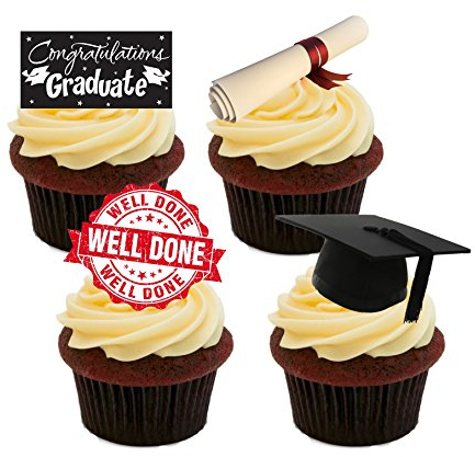 Graduation, Well Done/Congratulations, Edible Cake Decorations - Stand-up Wafer Cupcake Toppers (Pack of 12)
