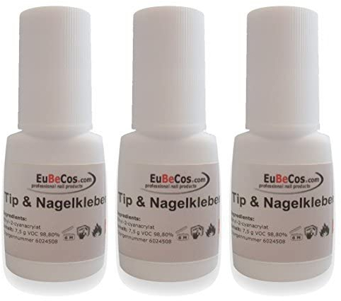 EuBeCos 3x Sekunden Tip Kleber 7,5g - Stehflasche mit Pinsel. Top Studio Qualität- Transparent und EXTRA SCHONEND!