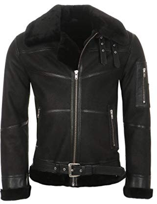 Hollert Herren Bomberjacke B16 Rocky Sylvester Style Winterjacke 100% Merino Felljacke Lederjacke Fliegerjacke Größe L, Farbe Model 7 - Schwarz