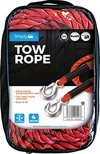 Simply TR2800 Red Touring Tow Rope – 4 Metres long – Supports up to 2800kg – Dual Spring Snap Hooks – Easy to Fit – Extra Strong Polypropylene Rope