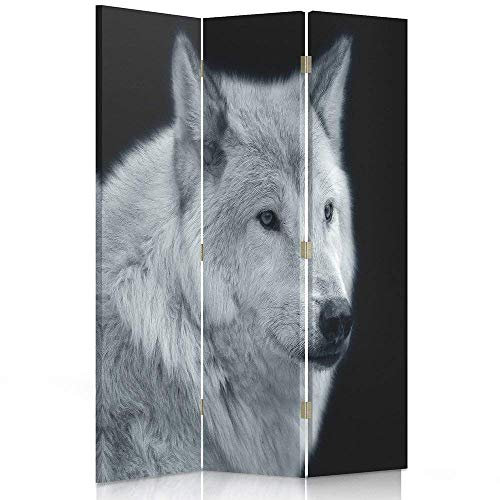 Feeby Frames. Raumteiler, Gedruckten auf Canvas, Leinwand Wandschirme, dekorative Trennwand, Paravent beidseitig, 3 teilig (110x150 cm), Wolf, Tiere, Natur, GRAU, SCHWARZ