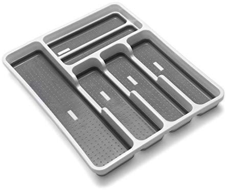 Addis Premium Soft touch 6 Compartment Cutlery Drawer Organiser Tray, White and Grey 6 Sections