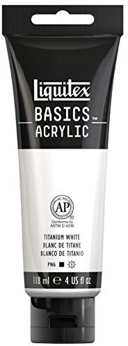 Liquitex 1046432 Basics - Acrylfarbe, monopigmentierte Künstlerpigmente, lichtecht, mittlere Viskosität, Achivqualität, seidenglänzender Finish, 118ml Tube, titanweiß