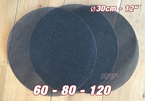 HPS® 3Stück Schleifnetz - Schleiffolge 60-80-120 Schleifnetz - Ø 30cm - Schleifnetz für Einscheibenmaschine zb Floorboy xl 300 - Schleifen von Lack-Holz usw.