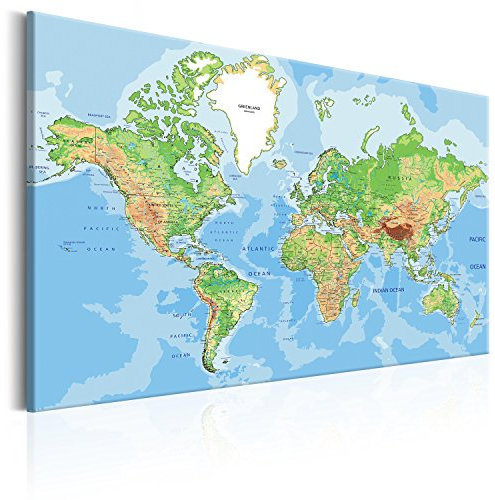 B&D XXL Weltkarte Pinnwand & Vlies Leinwand Bild 90x60 cm Bilder mit Kork Rückwand 1 Teilig Kunstdruck Korktafel Korkwand Memoboard Pinboard Wandbilder Karte Landkarte k-C-0026-p-a