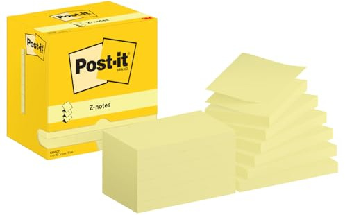 Post-it Z-Notes, 12 Blöcke (1200 Blatt), 127 mm x 76 mm, Gelb | Selbstklebende Notizzettel für Spender; Einhand-Entnahme für Erinnerungen, Listen und Nachrichten; Sauber Entfernbar