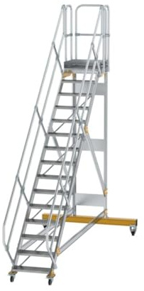 Aluminium-Plattformtreppe fahrbar 45°, Stufenbreite/Stufentiefe 600/240 mm Stufenanzahl 15, Senkrechte Höhe 3,12 m