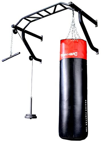 TrainHard® Multigriff Klimmzugstange Wandmontage mit Latzug & Boxsackhalterung, geprüfte und zertifizierte Qualität/optional: 80cm bis 130cm Boxsack (Ohne Hantelscheiben!) (mit 120cm Boxsack)