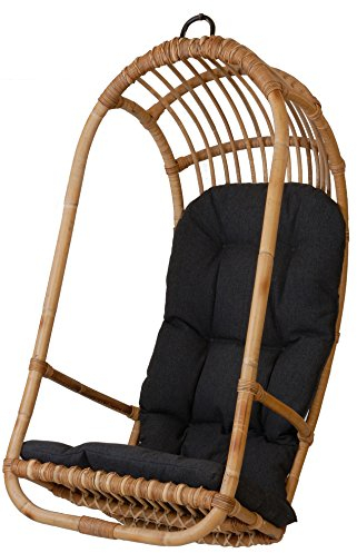 korb.outlet Hängeschaukel/Hängesessel aus ungeschältem Natur-Rattan - Hängekorb naturbelassen mit Polster (Anthrazit/Schwarz) aus Deutscher Fertigung