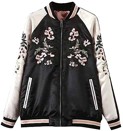 Viport Women's Floral Phoenix Embroidered Reversible Bomber Jacket Black Red (Large)