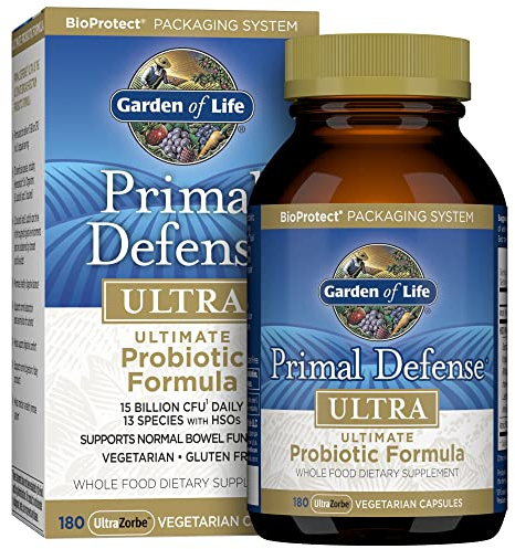 Garden of Life Probiotics for Digestive Health and Gut Health Balance, Primal Defense Ultra Ultimate Formula, 15 Billion CFU and 13 Strains Plus HSOs, Vegetarian and Gluten Free, 180 Capsules