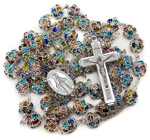 Nazareth Store Bunte Zirkonia-Kristallperlen, Rosenkranz, silberne katholische Halskette mit Wundermedaille, Kreuz, Kruzifix, mehrfarbige Rosenkränze in Samtbeutel (Silver)