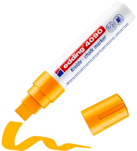edding 4090 Kreidemarker - neon-orange - 1 Kreidestift - Keilspitze 4-15 mm - breiter Kreidestift für Tafel abwischbar - zum Beschriften von Fenster, Glas, Spiegel - Tafelstift mit deckenden Farben