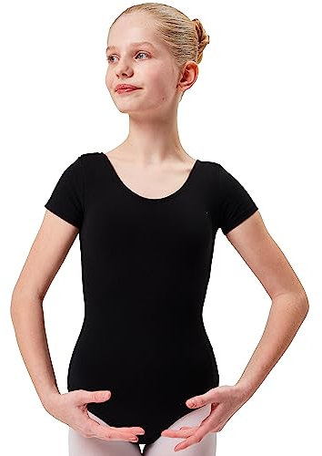 tanzmuster Ballettanzug Mädchen Kurzarm - Sally - aus weichem Baumwollstoff - Ballett Trikot Ballettbody in schwarz, Größe 104/110