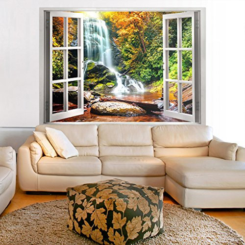 decomonkey | Optische Täuschung | Wasserfall Wald Weitblick Fensterblick 3D Wandillusion ca 140x100 cm Wandbild Fototapete Tapete Poster XXL Vlies Leinwand Bilder Dekoration Panorama TOC0077aM