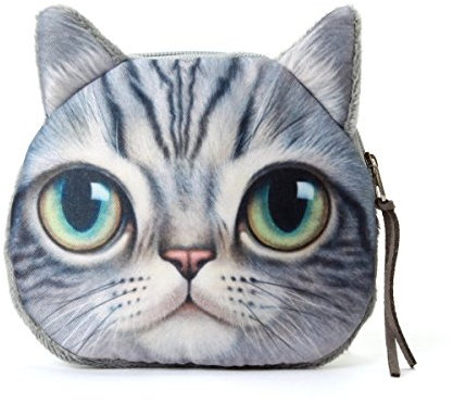 Étui Porte-Monnaie Fermeture Éclair Tête de Chat Réaliste Ai-life Peluche Porte-Feuille Sac à Main gris gris
