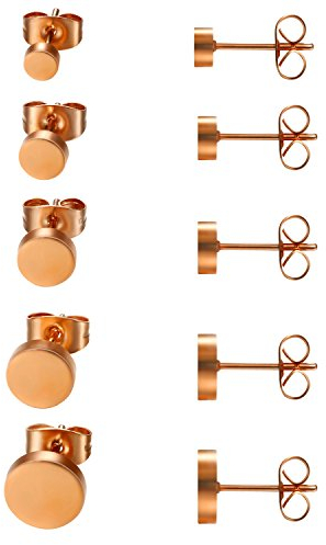 JewelryWe Schmuck 5 Paare Ohrstecker Set, Edelstahl flache runde poliert Ohrringe Ohr-Schmuck für Damen & Herren, Rosegold, Durchmesser 4,5,6,7,8mm