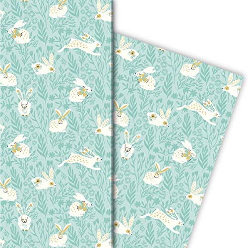 Niedliches Frühlings Geschenkpapier Hasen im Gras auch zu Ostern, türkis, für schöne Geschenk Verpackung zum Einpacken 32 x 48cm, 4 Bögen für Geburtstage, Hochzeit, Weihnachtsgeschenke