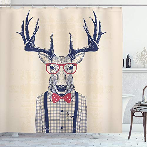 ABAKUHAUS Hipster Duschvorhang, Humorvoll Deer mit Jazz-Bogen, Stoffliches Gewebe Badezimmerdekorationsset mit Haken, 175 x 200 cm, Indigo Dunkel Coral