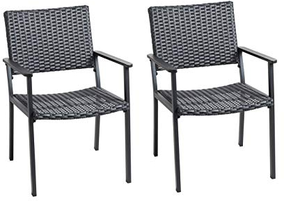 C-Hopetree Set of 2 Outdoor Dining Chairs for Outside Patio Tables, Metal Frame, Black All Weather Wicker