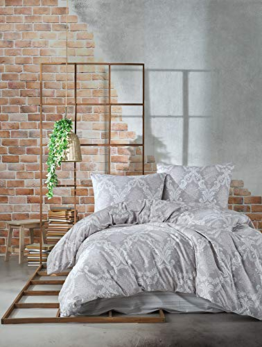 ZIRVEHOME Bettwäsche 200x220 cm. 3 teilig Set. grau, 100% Baumwolle/Renforcé mit reißverschluss atmungsaktiver bettbezug weiß barock Gemustert Kissenbezug 80x80 cm. Fiorita V2