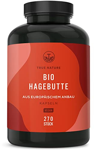 BIO HAGEBUTTEN Kapseln hochdosiert - EU Anbau - 3900mg Hagebuttenpulver BIO - 270 Kapseln - reine getrocknete Hagebutte - Ballaststoffreich - Bio Hagebuttenkapseln vegan & hochdosiert - TRUE NATURE®