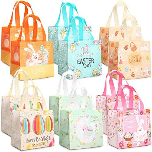 12 x Ostereiersuche-Taschen mit Griffen, Häschen Karotten Küken Ei Taschen, Oster Leckerei Taschen, multifunktionale Non-Woven Ostertaschen zum Verpacken von Geschenken, Eiersuche, Partyzubehör