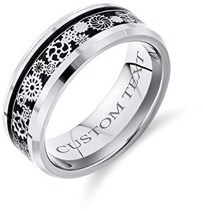 Mechanic Car Racer Ring Punk Rock Motorrad Bikerin Schmuck Silber Titan Ringe Für Männer Trauringe Steampunk Zahnrad Carbon Fiber Inlay Abgeschrägte Kanten Kompfort Fit 8Mm Individuelle Gravur