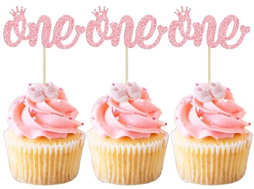 Gyufise 24 Pack One Cupcake Toppers Pink Glitter Baby First Birthday Party Cupcake Food Picks Decorations for Baby Shower Boys Girls Kids 1st Birthday Party Cake Decorations Supplies