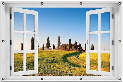 Wallario Outdoor-Poster für Garten oder Balkon Villa in der Toskana, Motivbanner Größe: ca. 100 x 150 cm mit Fenster-Illusion