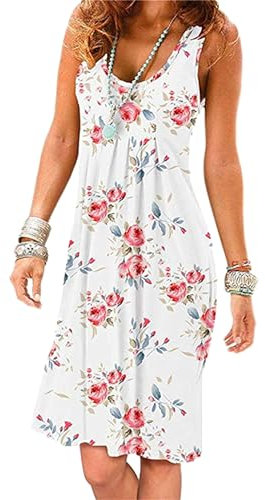 EFOFEI Femme Robes Évasée Empire Robe De Plage à Col Rond Robe d'Été Décontractée Robe De Vacances Au Genou Rose Blanche M