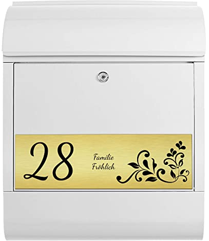 banjado® Briefkasten personalisiert mit graviertem Namensschild in Gold/Briefkasten weiß 39x47x14cm / Briefkasten mit Hausnummer, Namen & Motiv WT Blaues Ornament/Briefkasten mit Zeitungsfach