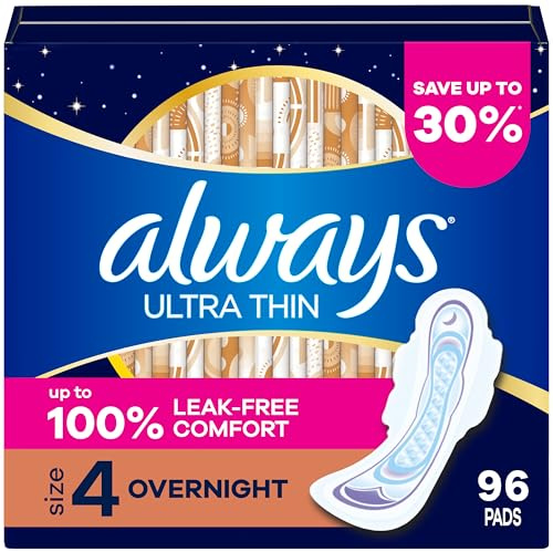 Always Ultra Thin Feminine Pads with Wings for Women, Size 4, Overnight Absorbency, Unscented, Up to 100% Leak-Free Comfort, 96 Count