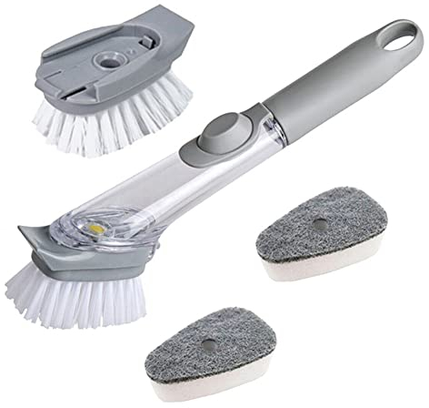 Brosse à vaisselle distributeur de liquide, brosse à vaisselle à long manche avec 2 éponges et 1 brosse de rechange