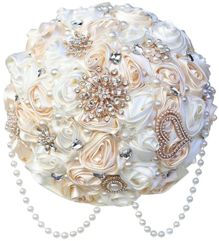Gkvszy Bouquet de mariée ivoire et champagne avec broche en strass et cordon de perles en cascade pour mariée demoiselle d'honneur Quinceanera Satin Rose Bouquet de mariage Champagne et ivoire 22,1 cm